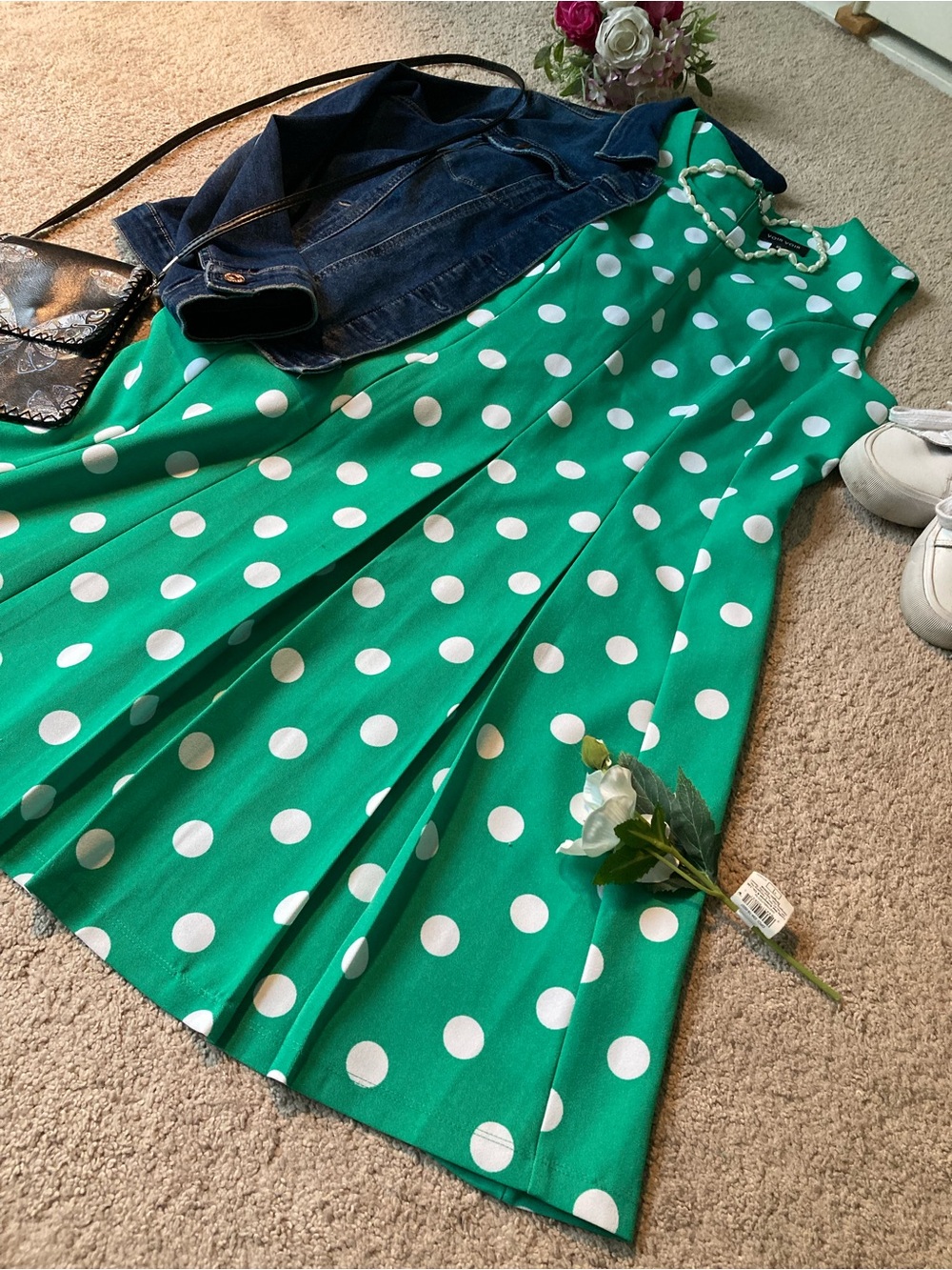 Voir Voir Green and White Polka Dot Fit-and-Flare Dress